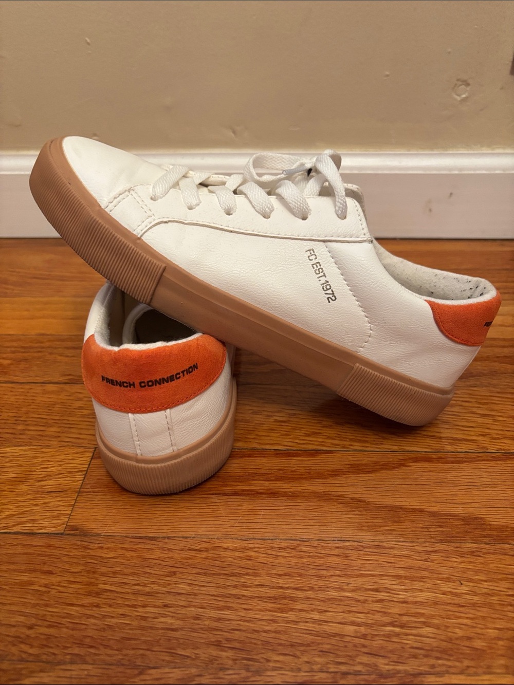 French Connection White Sneakers with Orange Heel and Gum Sole Accent size 8